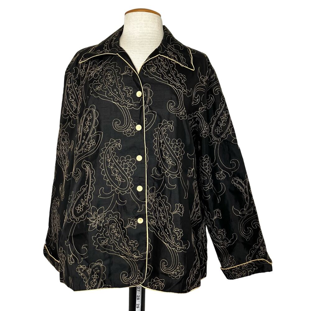 Silkland Jacket Womens Black Gold SZ 2X 100% Pure Silk Button Up Embroidered